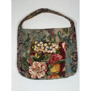 Vintage 90s Floral Tapestry Large Tote Bag Brown Green Red Pocket Grannycore